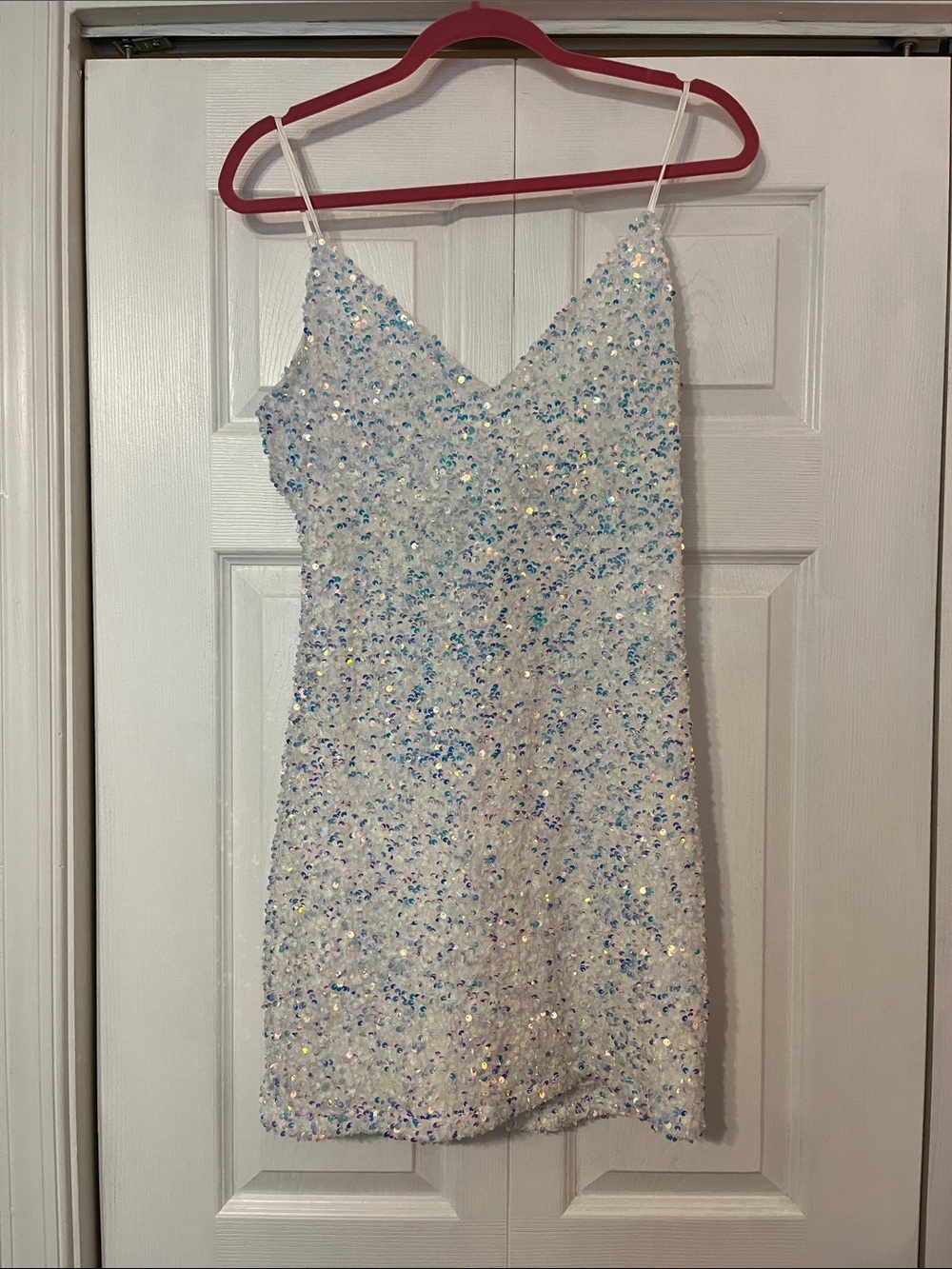 Windsor Iridescent Sequin Spaghetti Strap Mini Dress - White/Blue Sparkle